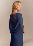 V-Neck Lace Applique Chiffon Mother of the Bride Dress with Cape Sleeves