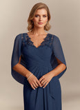V-Neck Lace Applique Chiffon Mother of the Bride Dress with Cape Sleeves