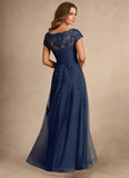 Cap Sleeve Bateau Neck Lace Applique A-Line Formal Dress with Tulle Dress