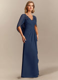 V-Neck Lace Applique Chiffon Mother of the Bride Dress with Cape Sleeves