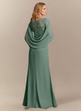 V-Neck Lace Applique Chiffon Mother of the Bride Dress with Cape Sleeves