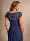 Cap Sleeve Bateau Neck Lace Applique A-Line Formal Dress with Tulle Dress