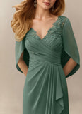V-Neck Lace Applique Chiffon Mother of the Bride Dress with Cape Sleeves