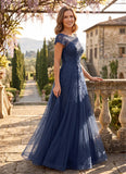Cap Sleeve Bateau Neck Lace Applique A-Line Formal Dress with Tulle Dress