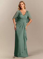V-Neck Lace Applique Chiffon Mother of the Bride Dress with Cape Sleeves