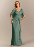 V-Neck Lace Applique Chiffon Mother of the Bride Dress with Cape Sleeves