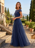 Cap Sleeve Bateau Neck Lace Applique A-Line Formal Dress with Tulle Dress