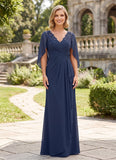 V-Neck Lace Applique Chiffon Mother of the Bride Dress with Cape Sleeves