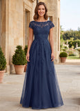 Cap Sleeve Bateau Neck Lace Applique A-Line Formal Dress with Tulle Dress