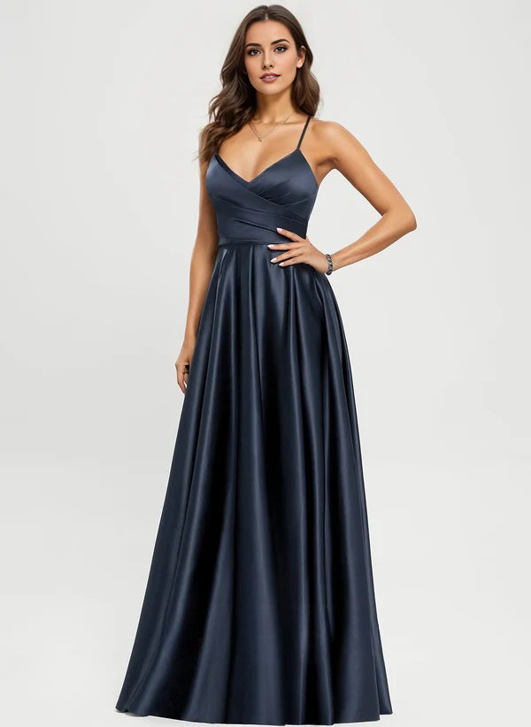 A-line V-Neck Floor-Length Satin Prom Dresses RoseProm A-line V-Neck Floor-Length Satin Prom Dresses RoseProm