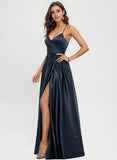 A-line V-Neck Floor-Length Satin Prom Dresses