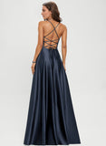 A-line V-Neck Floor-Length Satin Prom Dresses