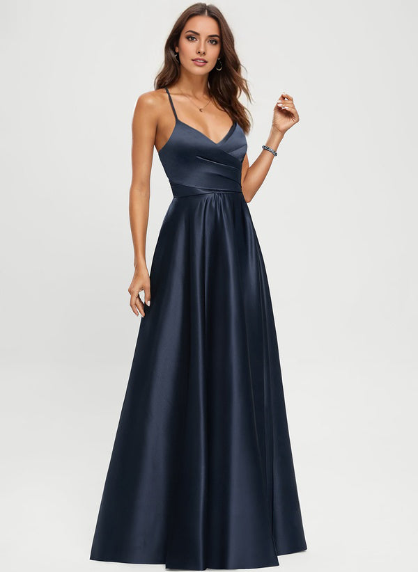 A-line V-Neck Floor-Length Satin Prom Dresses RoseProm A-line V-Neck Floor-Length Satin Prom Dresses RoseProm