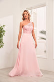 One-Shoulder A-Line Lace Chiffon Bridesmaid Dress