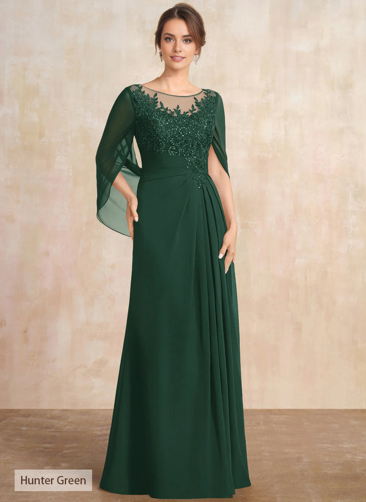 A-line Scoop Illusion Floor-Length Lace Chiffon Mother of the Bride Dress With Pleated
