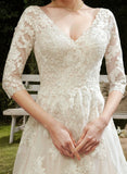 A-line V-Neck Sweep Train Tulle Lace Wedding Dress With Sequins