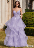 Ball Gown V Neck Sweep Train Tulle Prom Dress with Appliqued Beading Ruffles