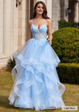 Ball Gown V Neck Sweep Train Tulle Prom Dress with Appliqued Beading Ruffles