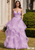 Ball Gown V Neck Sweep Train Tulle Prom Dress with Appliqued Beading Ruffles