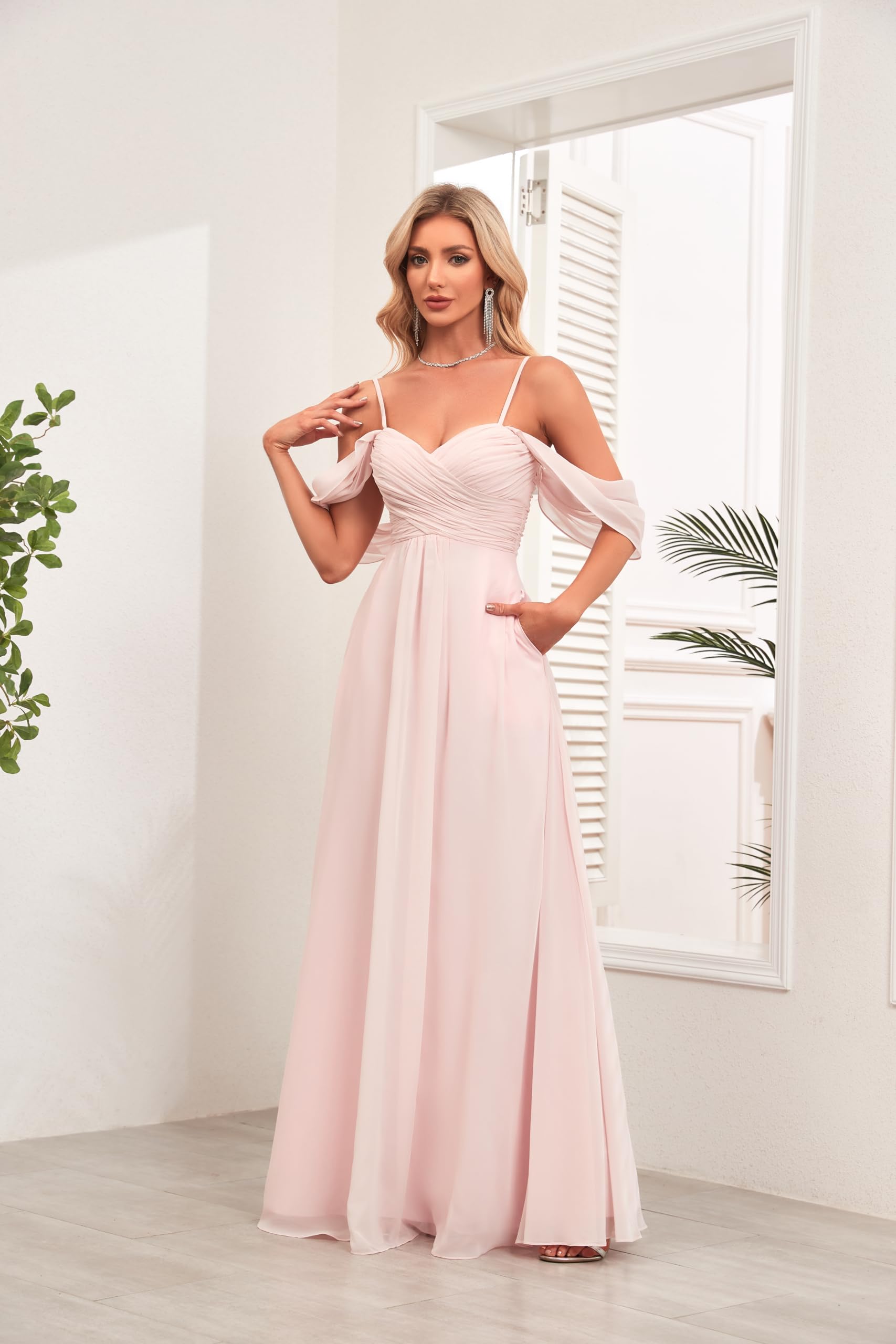 Ruched Chiffon Off The Shoulder Bridesmaid Dresses with Pockets RoseProm Ruched Chiffon Off The Shoulder Bridesmaid Dresses with Pockets RoseProm