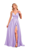 V-Neck Floor-Length Satin Prom Dress With Pleated Split