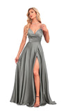 V-Neck Floor-Length Satin Prom Dress With Pleated Split