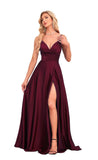 V-Neck Floor-Length Satin Prom Dress With Pleated Split