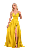 V-Neck Floor-Length Satin Prom Dress With Pleated Split