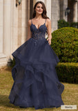 Ball Gown V Neck Sweep Train Tulle Prom Dress with Appliqued Beading Ruffles