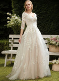 A-line V-Neck Sweep Train Tulle Lace Wedding Dress With Sequins