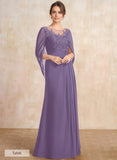 A-line Scoop Illusion Floor-Length Lace Chiffon Mother of the Bride Dress With Sequins Pleated