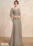 A-line Scoop Illusion Floor-Length Lace Chiffon Mother of the Bride Dress With Sequins Pleated