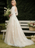 A-line V-Neck Sweep Train Tulle Lace Wedding Dress With Sequins