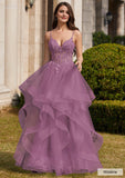 Ball Gown V Neck Sweep Train Tulle Prom Dress with Appliqued Beading Ruffles