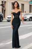 Glitter Off the Shoulder Black Mermaid Long Prom Dress