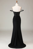 Glitter Off the Shoulder Black Mermaid Long Prom Dress