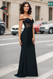 Glitter Off the Shoulder Black Mermaid Long Prom Dress