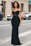 Glitter Off the Shoulder Black Mermaid Long Prom Dress