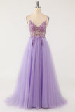 A Line Spaghetti Straps Slit Tulle Lace Prom Dress with Slit