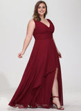 Plus Size A-line V-Neck Floor-Length Chiffon Bridesmaid Dress With Ruffle