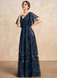 A-line V-Neck Floor-Length Lace Sequin Chiffon Mother of the Bride Dress With Pleated