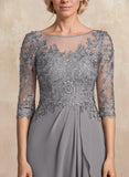 A-line Scoop Illusion Floor-Length Chiffon Lace Mother of the Bride Dress With Ruffles