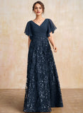 A-line V-Neck Floor-Length Lace Sequin Chiffon Mother of the Bride Dress With Pleated