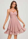 A-line V-Neck Short Mesh Homecoming Dress With Bow Pleated