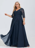 A-line V-Neck Floor-Length Lace Chiffon Mother of the Bride Dress With Sequins