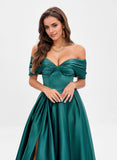 A-line Off the Shoulder Floor-Length Satin Prom Dresses With Pleated