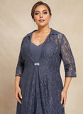 Plus Size A-line V-Neck Tea-Length Chiffon Mother of the Bride Dress