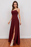 Spaghetti Straps Scoop Neck Long Stretch Satin Bridesmaid Dress with Split