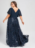 Plus Size A-line V-Neck Floor-Length Lace Sequin Chiffon Mother of the Bride Dress With Pleated