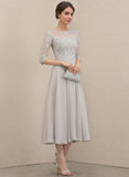 A-line Scoop Illusion Tea-Length Chiffon Lace Mother of the Bride Dress With Sequins Beading